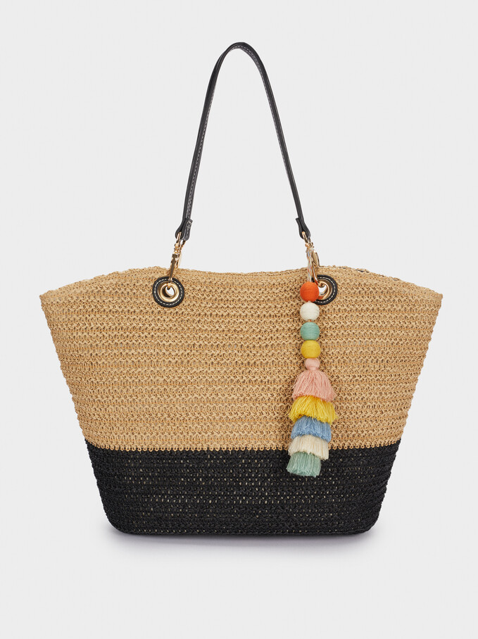 Braided Shopper Bag With Pendants, Ecru, hi-res