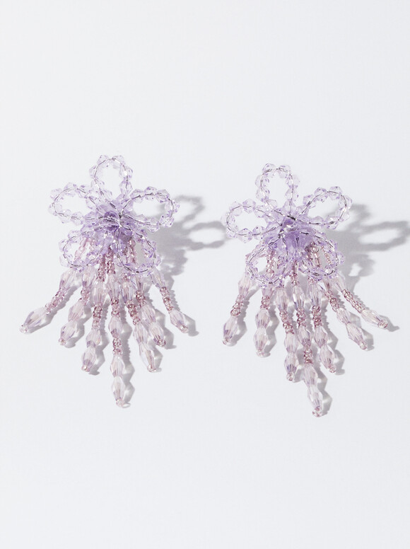 Flower Earrings With Beads, Violet, hi-res