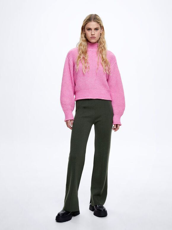 Pantalon Droit En Maille, Vert, hi-res