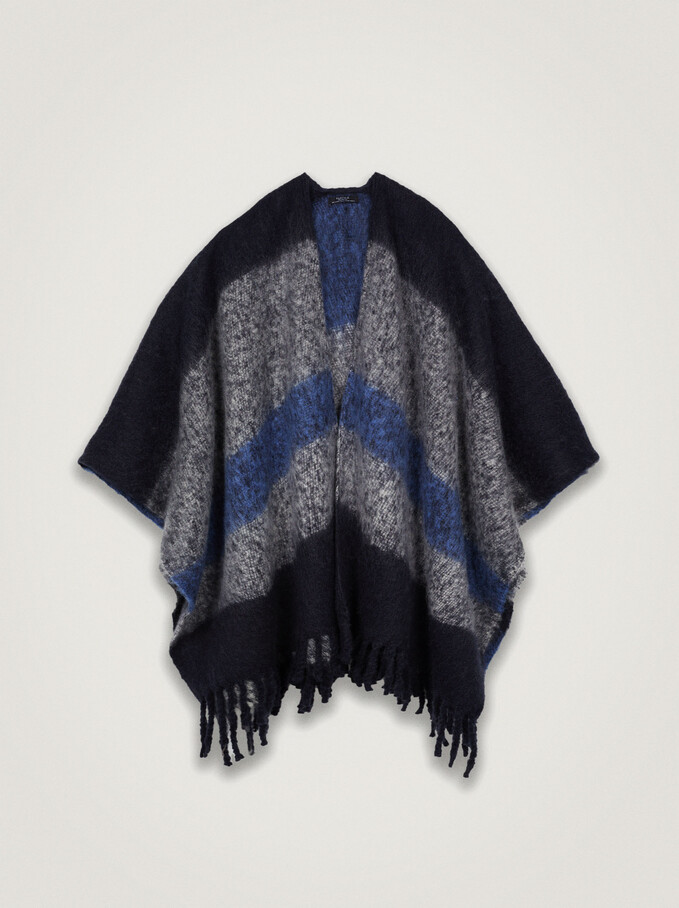 Knit Poncho With Fringes, Blue, hi-res