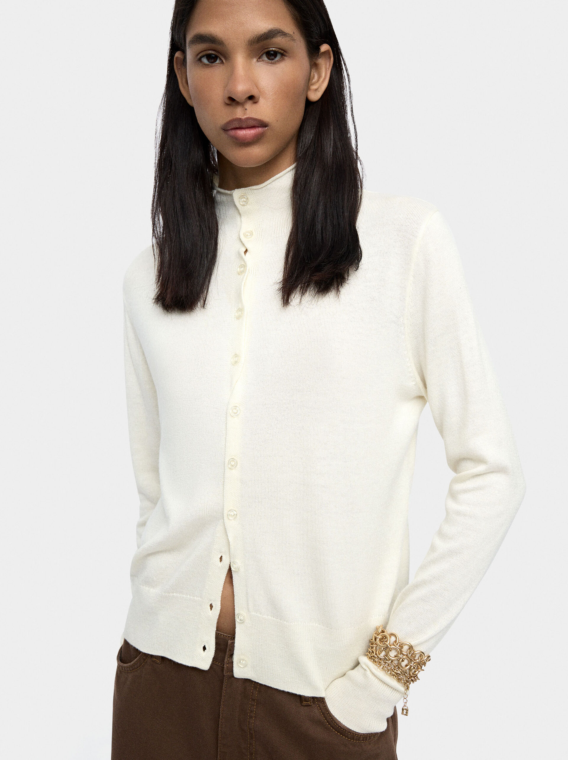 Knit mesh cardigan with high neck image number 1.0