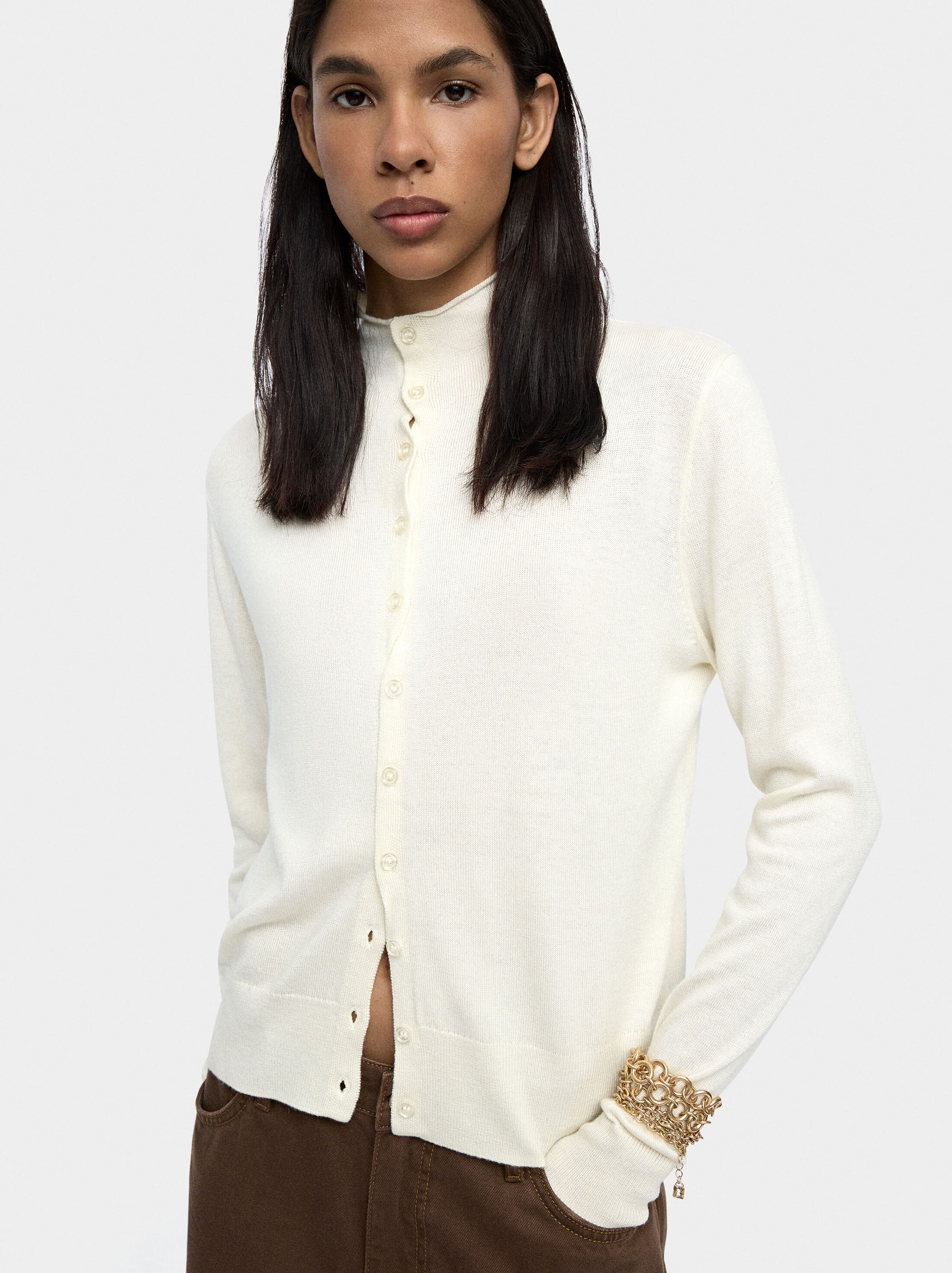 Knit mesh cardigan with high neck image number 1.0