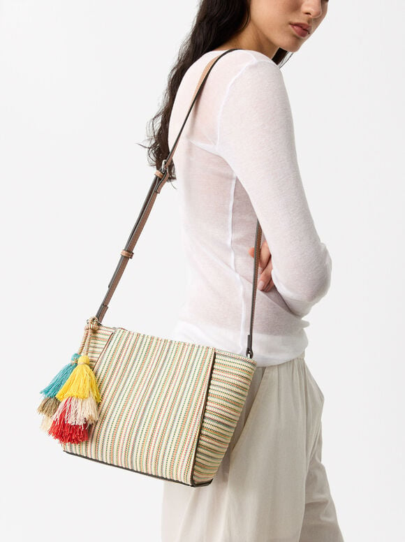 Straw-Effect Crossbody Bag With Pendant, Camel, hi-res