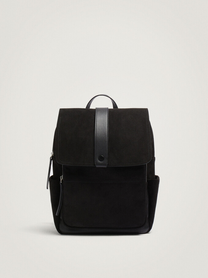 Textured Suede Backpack For 13” Laptop, Black, hi-res