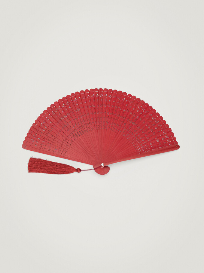 Perforated Fan With Tassel, Red, hi-res