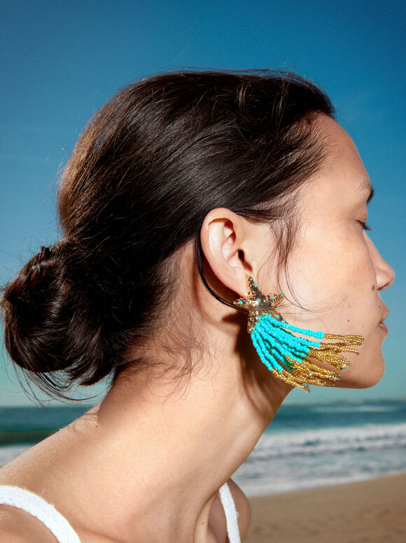 Clip Earrings With Star And Beads, Blue, hi-res