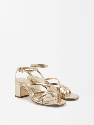 Online Exclusive - Metallic Strap High Heel Sandals, Golden, hi-res