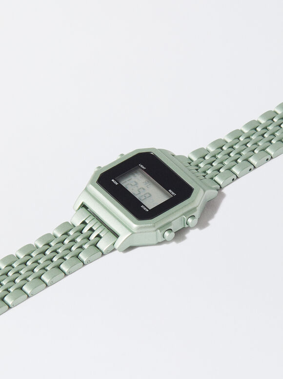 Digital Watch With Metallic Mesh Wristband, Green, hi-res