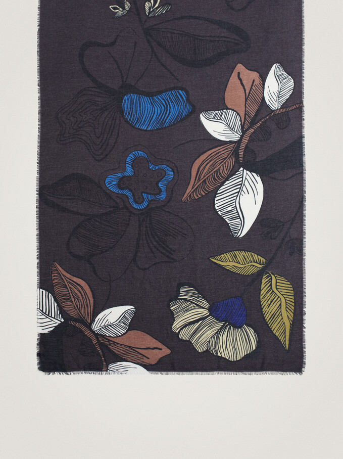 Floral Print Scarf, Grey, hi-res
