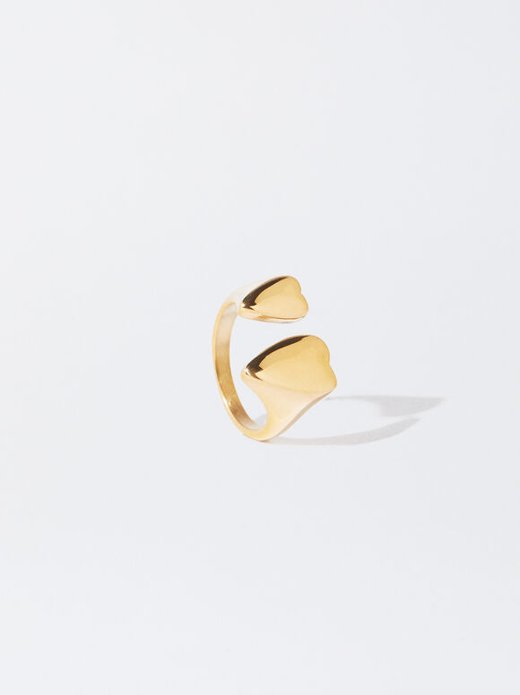 Stainless Steel Ring With Hearts, Golden, hi-res