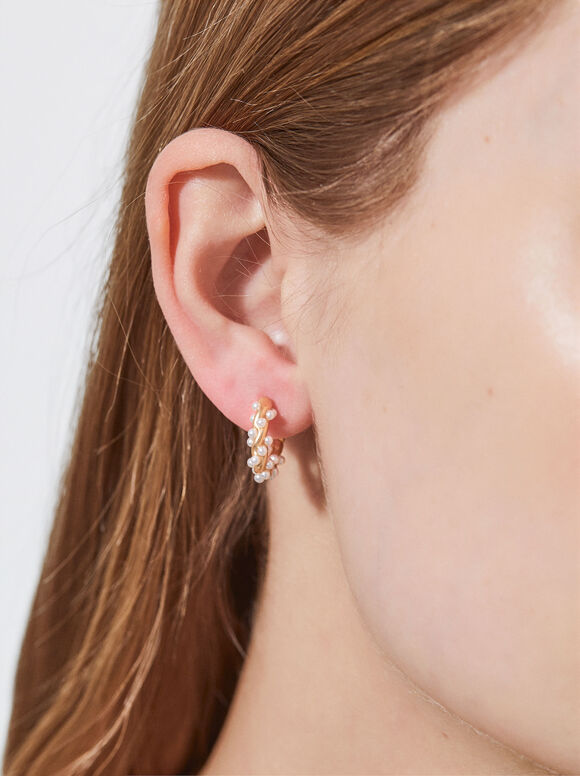 Gold-Toned Hoop Earrings With Faux Pearls, White, hi-res
