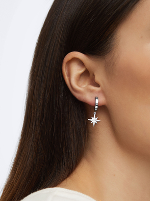 Stainless Steel Hoop Earrings With Moon And Star, Silver, hi-res