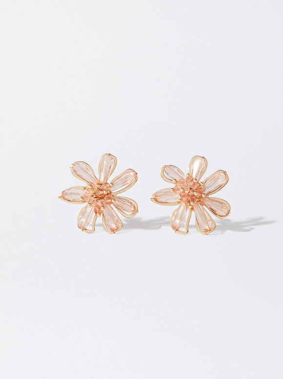 Flower Earrings With Beads, Pink, hi-res