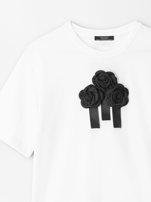 Online Exclusive - T-Shirt 100% Coton Fleurs, Blanc, hi-res