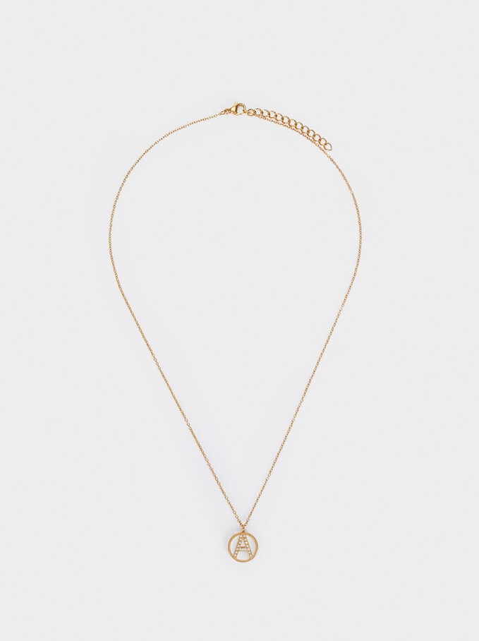 Short Steel Necklace With Letter A, Golden, hi-res