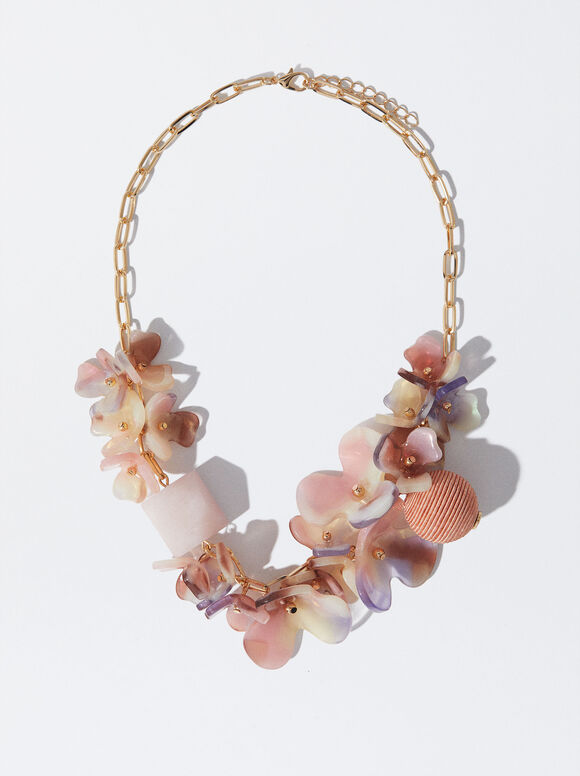Necklace With Flowers And Semiprecious Stone, Multicolor, hi-res