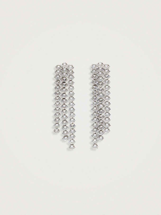 Long Earrings With Zirconia, Silver, hi-res
