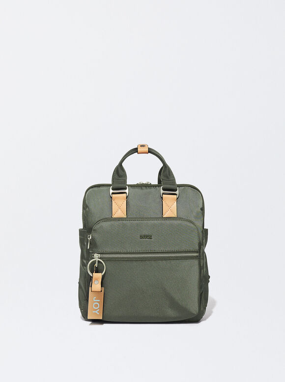 Nylon Backpack With Outside Pockets, Khaki, hi-res