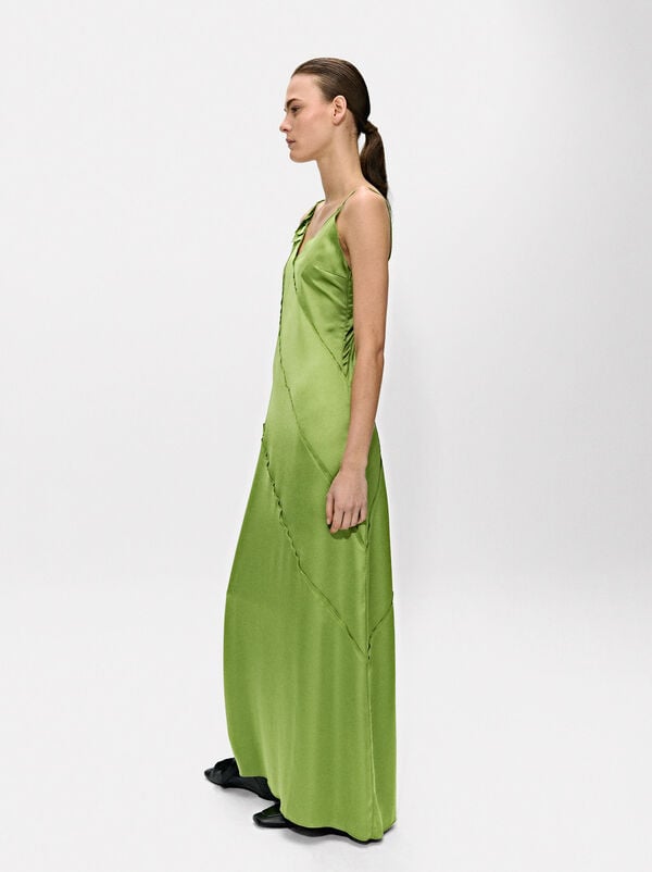 Satin long dress with topstitching
