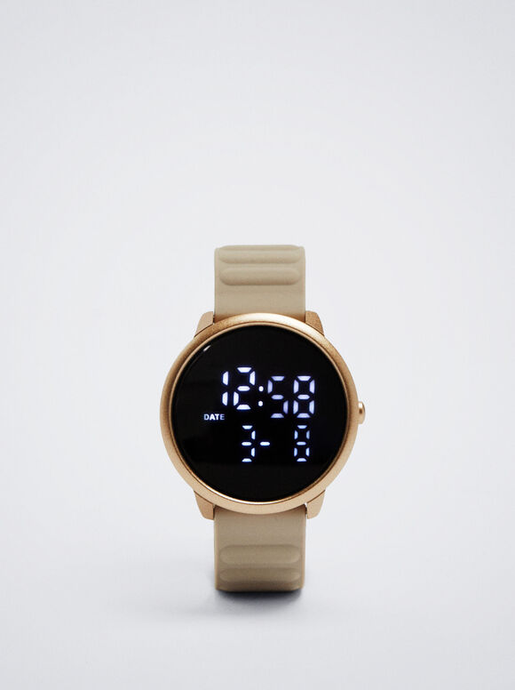 Digital Watch With Silicone Strap, Beige, hi-res