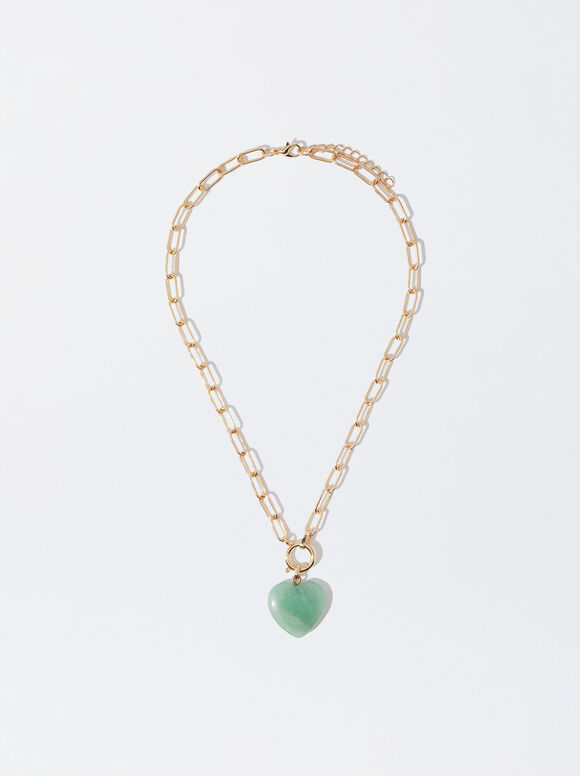 Golden Necklace With Heart Pendant, Blue, hi-res