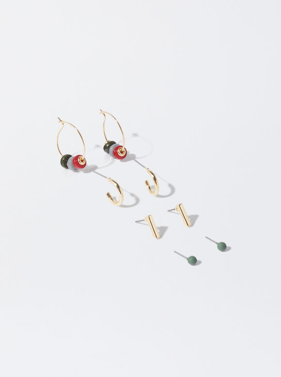 Resin Golden Earrings Set, Multicolor, hi-res