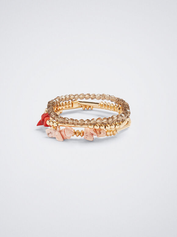 Set Of Elastic Bracelets With Stone, Coral, hi-res