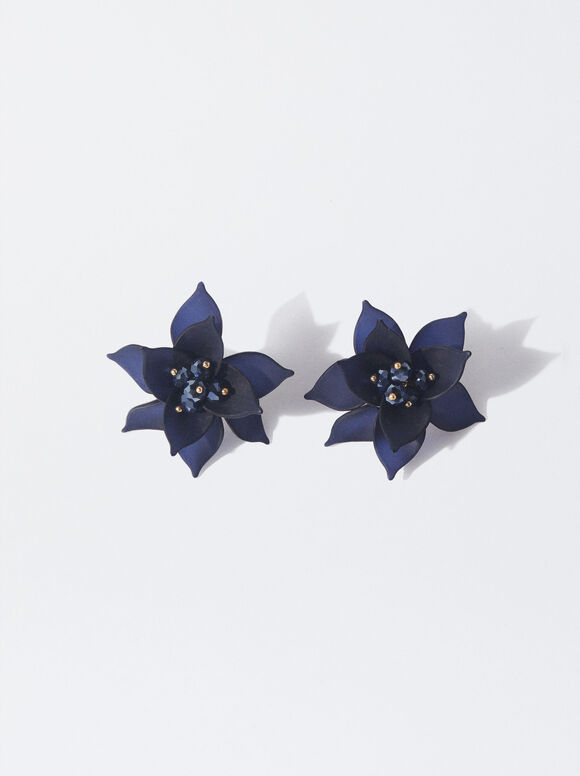 Flower Earrings, Blue, hi-res