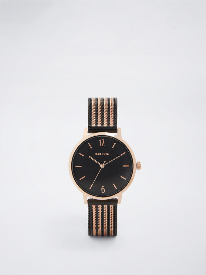 Watch With Two-Toned Steel Strap, Black, hi-res