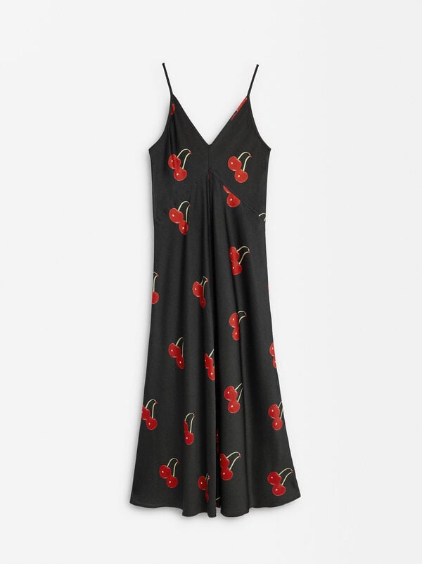 Satin long dress cherry print