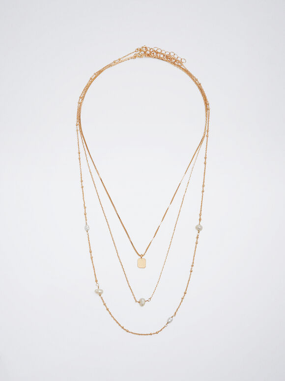 Conjunto De Collares Con Perlas Y Medallas, Dorado, hi-res