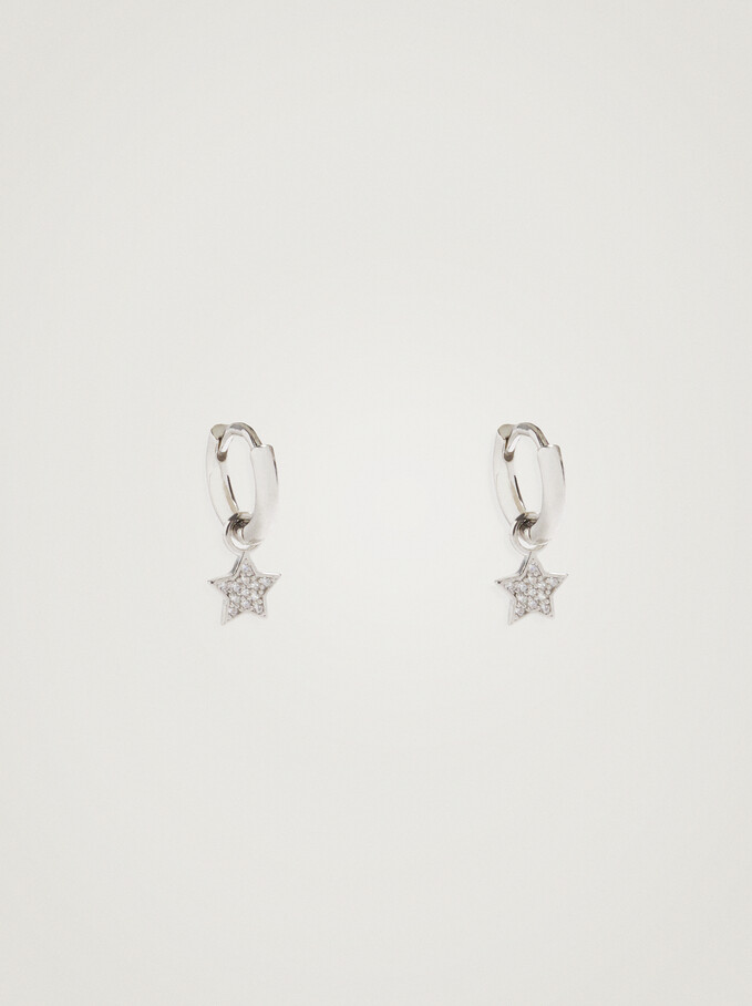 925 Silver Star Hoop Earrings, Silver, hi-res
