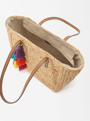 Straw Effect Shopper Bag With Pendant, NC, hi-res