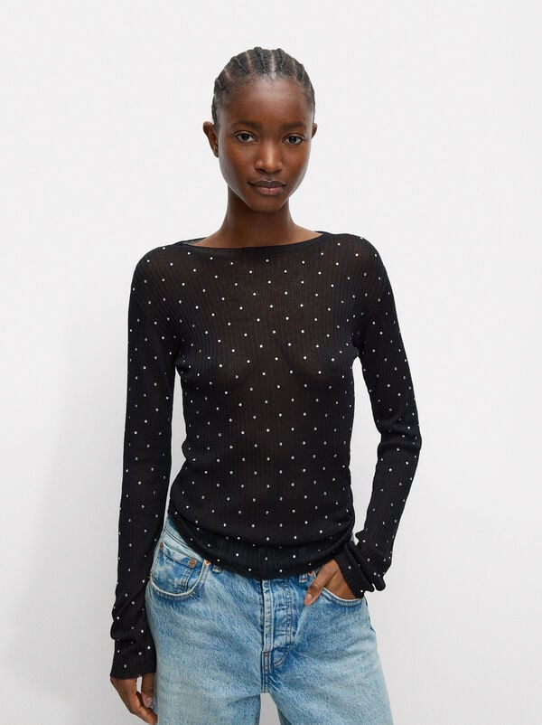 Knit sweater with rhinestones