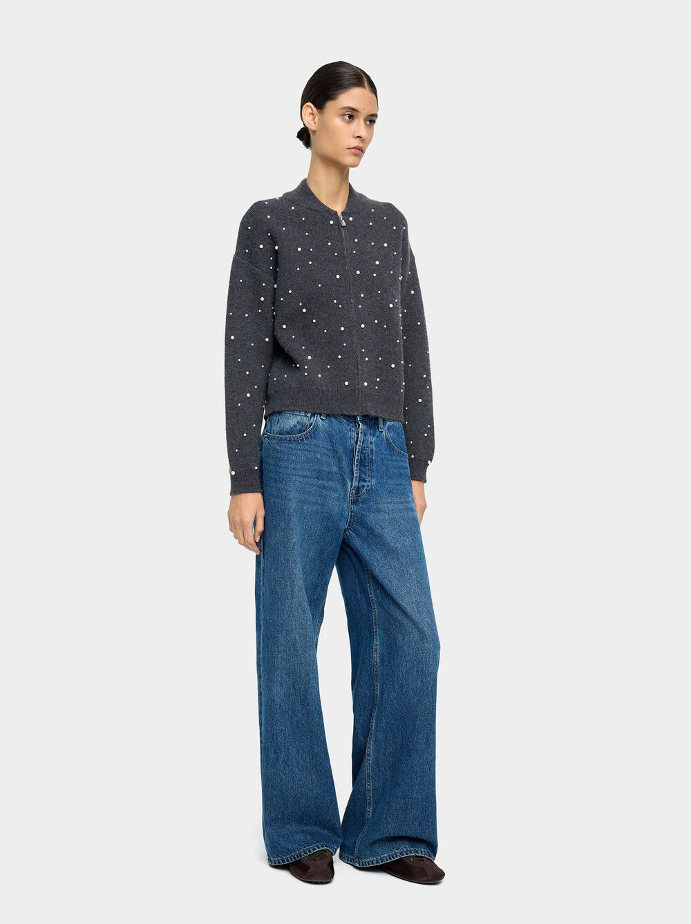 Knit mesh cardigan with pearls