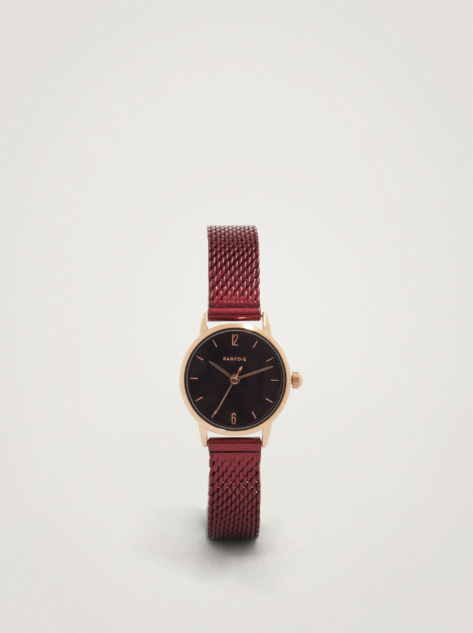 Watch With Stainless Steel Metallic Mesh Strap, Bordeaux, hi-res