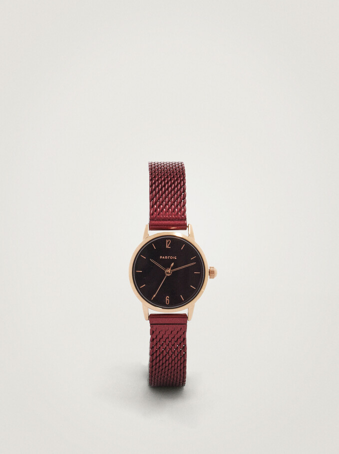 Watch With Stainless Steel Metallic Mesh Strap, Bordeaux, hi-res