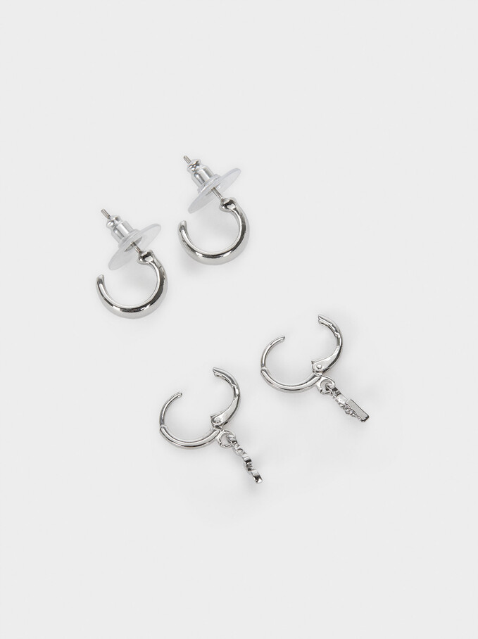 Set Of Hoop Earrings With Charms, Silver, hi-res