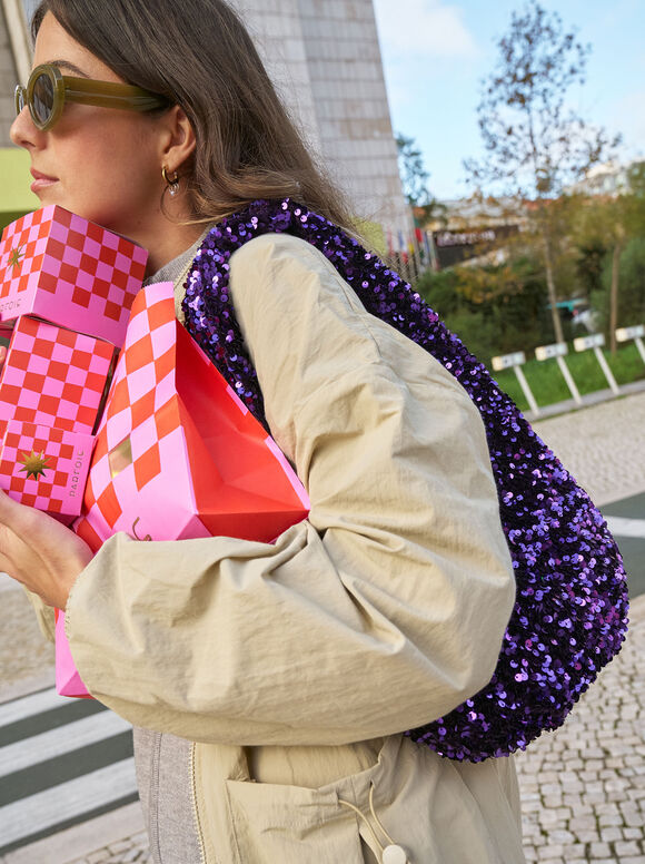 Shoulder Bag With Sequins, Purple, hi-res