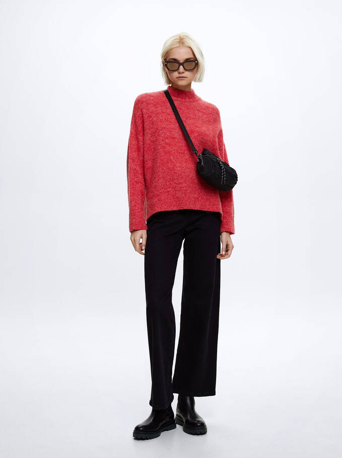 High-Neck Knit Sweater, Red, hi-res
