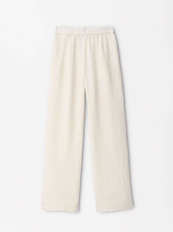 100% Linen Pants, Ecru, hi-res