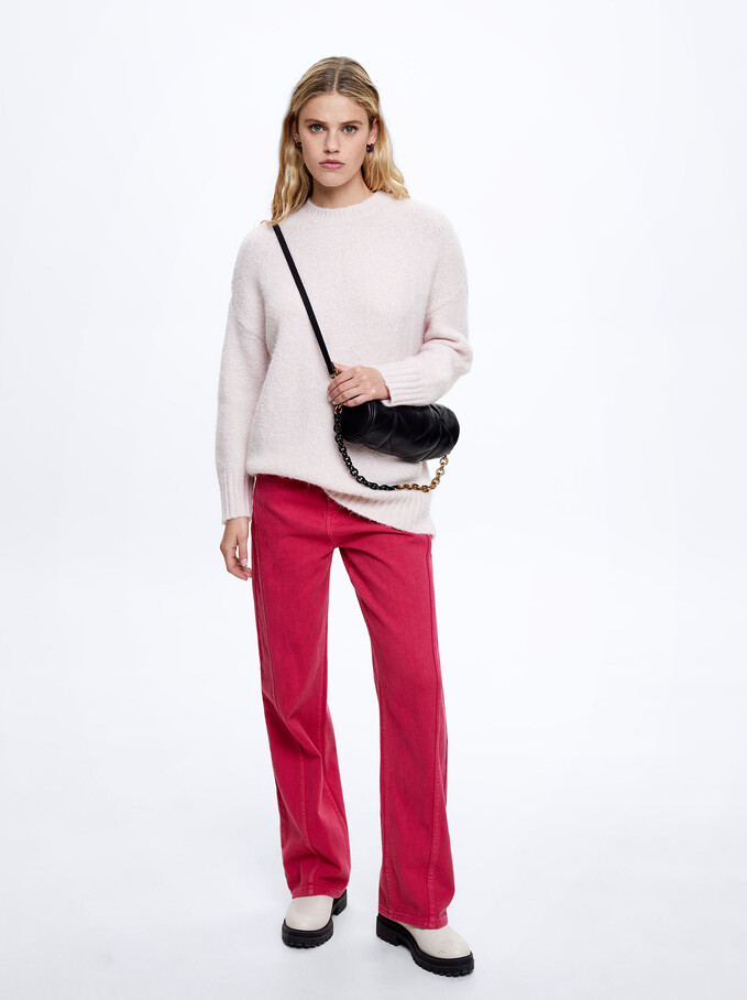 Round-Neck Knit Sweater, Pink, hi-res