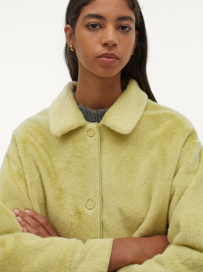 Fur Coat With Pockets And Button Closure, Yellow, hi-res