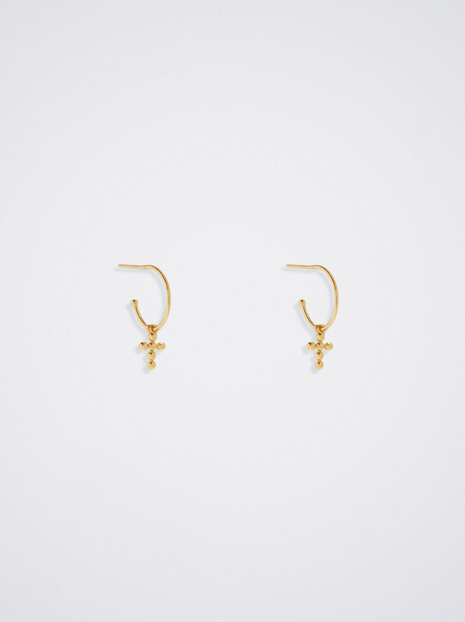 925 Silver Hoop Earrings With Cross, Golden, hi-res