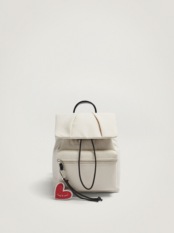 Nylon Backpack With Heart Pendant, Ecru, hi-res