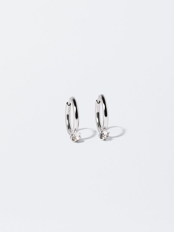 Steel Hoop Earrings With Crystals, Silver, hi-res