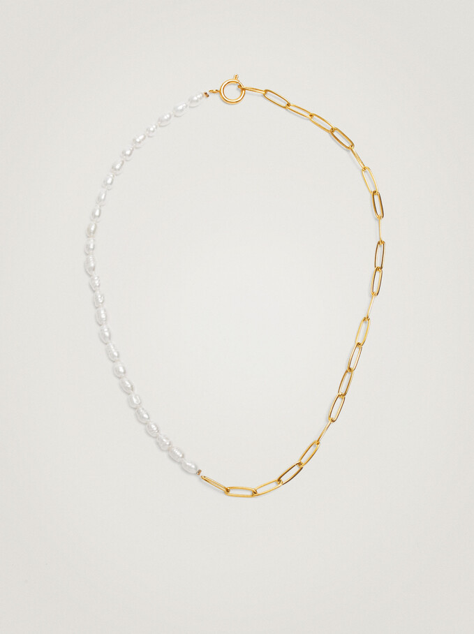 Stainless Steel Short Necklace With Pearls, Golden, hi-res
