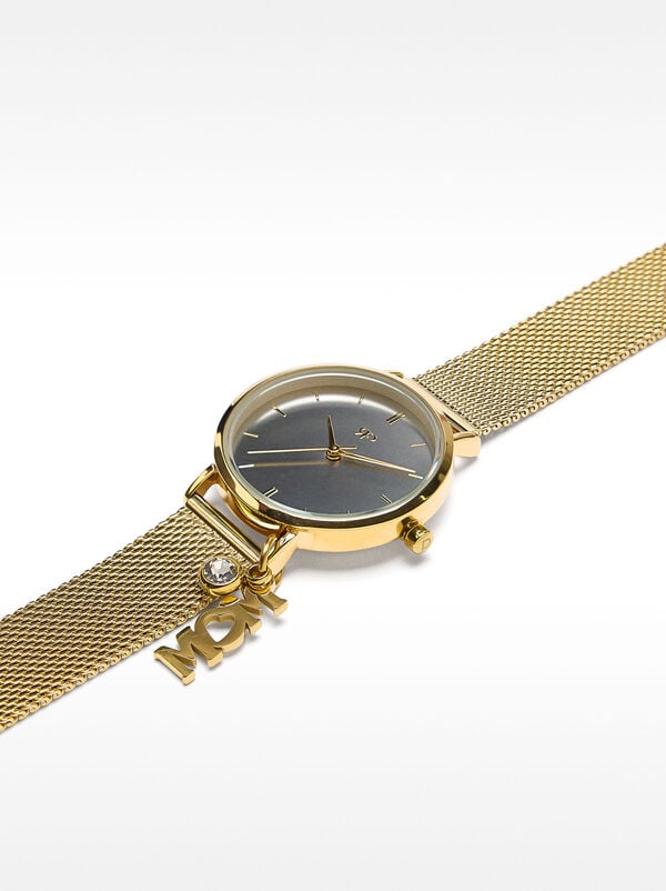 Watch with metal mesh bracelet and charm