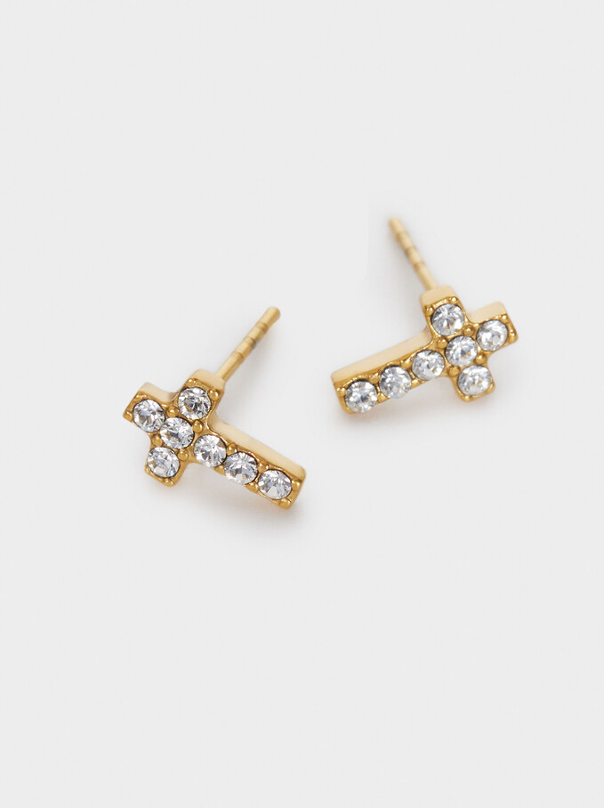 Short Stainless Steel Swarovski Crystals Earrings, Golden, hi-res