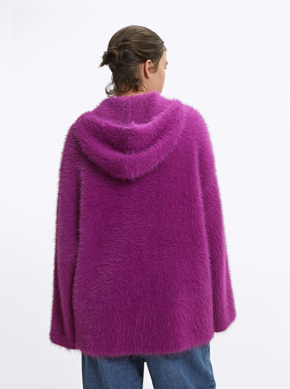 Fur Effect Knitted Cardigan, Fuchsia, hi-res